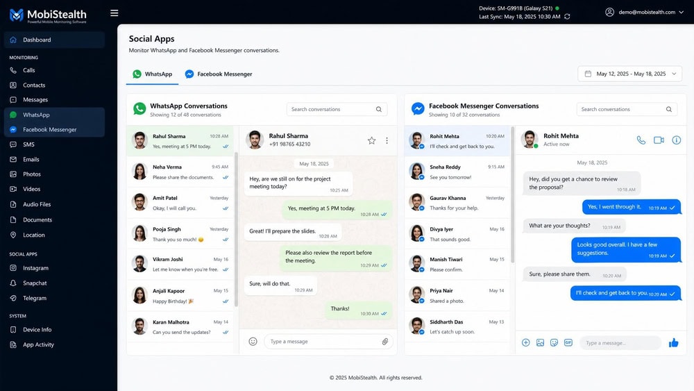 MobiStealth social-media monitoring panel showing captured WhatsApp and Facebook Messenger conversations with sender names and timestamps.