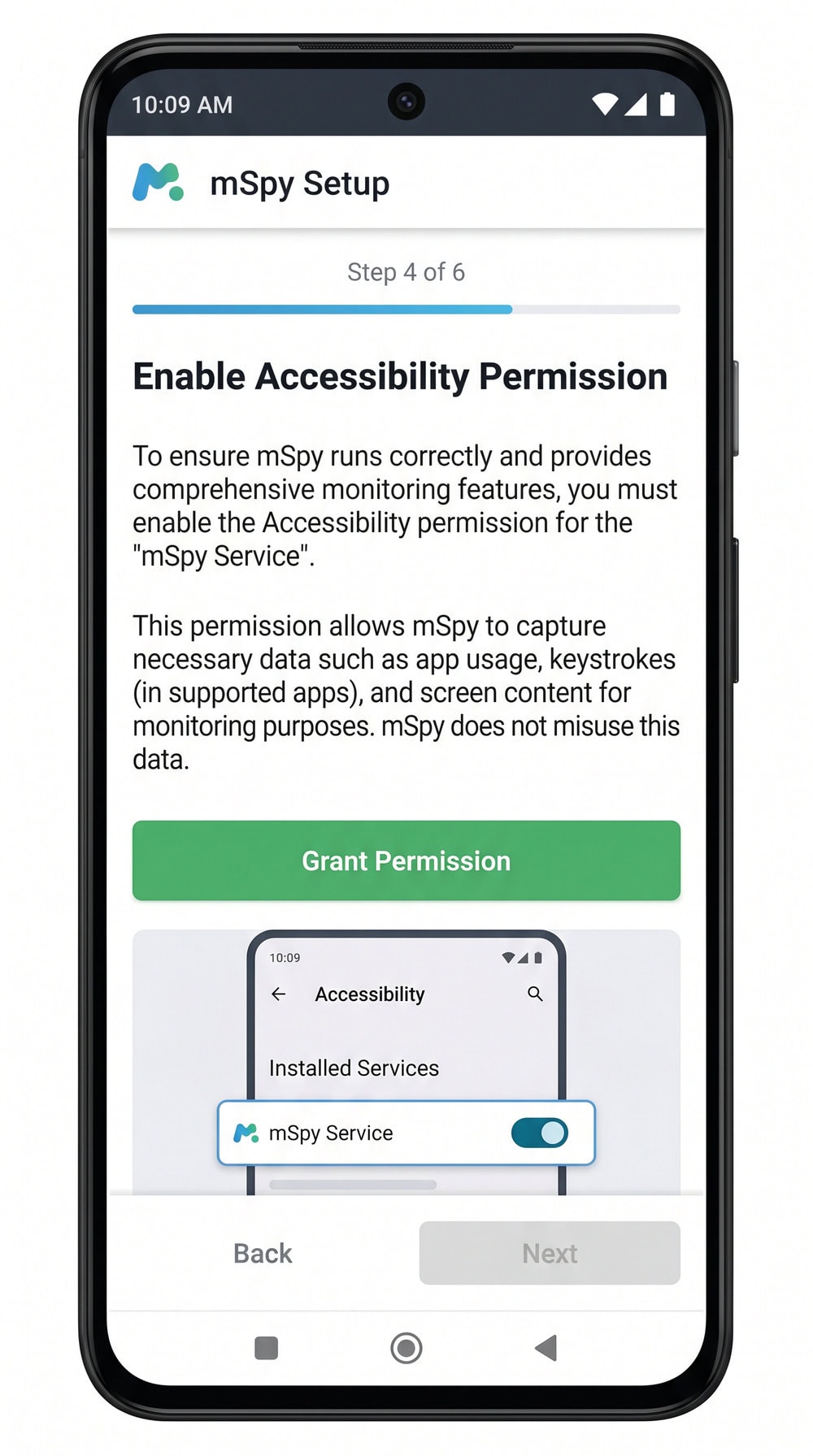 mSpy Android setup wizard on a phone screen showing the step that enables accessibility permissions during installation.