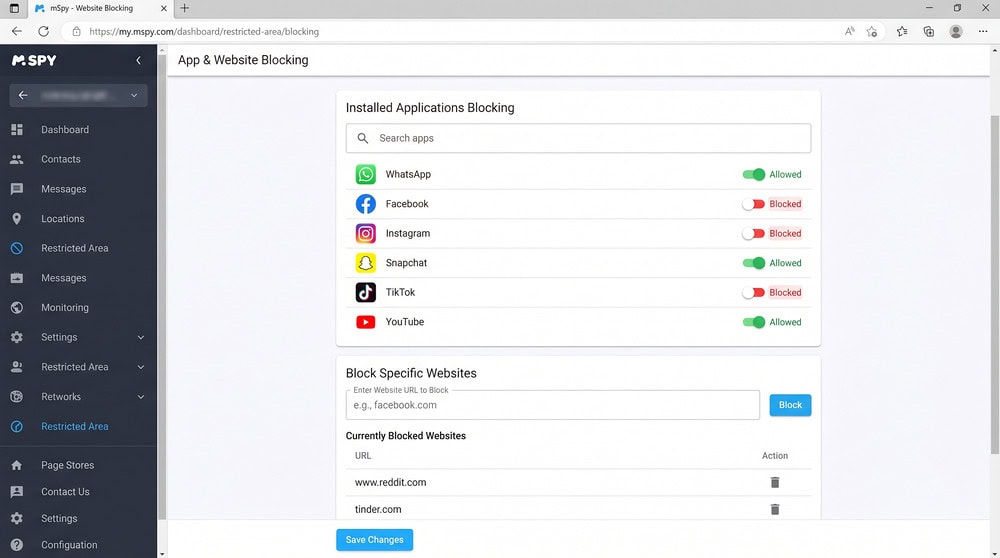 mSpy web and app blocking settings page with toggle switches beside a list of installed apps and a field to block a specific website URL.