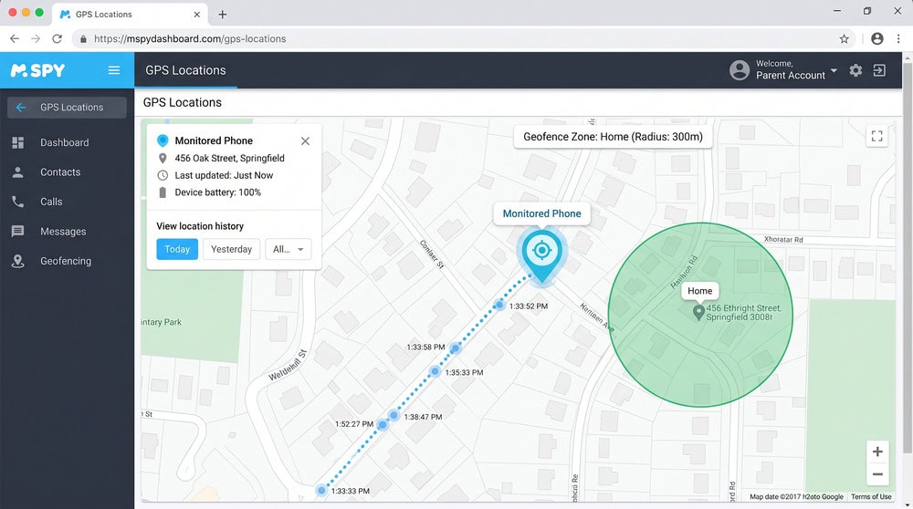mSpy GPS map view showing a monitored phone's current pin, a dotted location-history trail, and a circular geofence zone drawn around a home address.