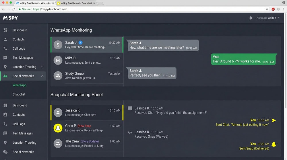 mSpy social media monitoring panel displaying intercepted WhatsApp and Snapchat conversation threads with sender names and timestamps.