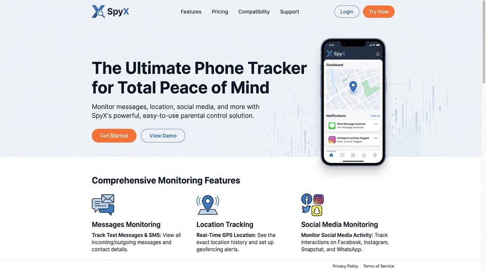 SpyX marketing homepage showing the "phone tracker" headline, a hero phone mockup, and feature icons for messages, location, and social media monitoring.