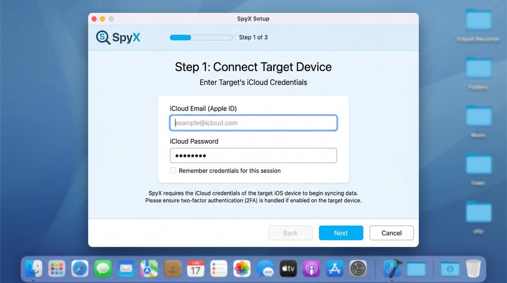 SpyX setup wizard prompting for the target device's iCloud email and password at step one of three.