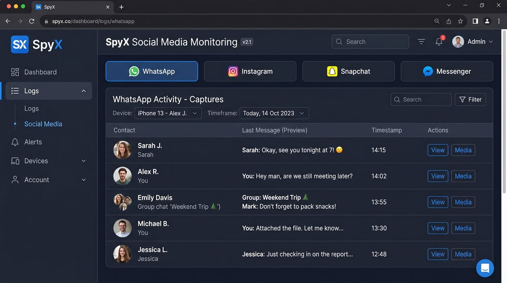 SpyX social media panel showing tabs for WhatsApp, Instagram, Snapchat, and Messenger with a list of captured chat previews.