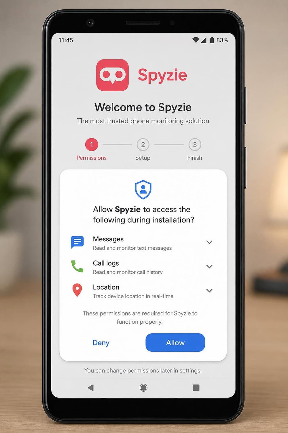 An Android phone displaying the Spyzie setup screen with a permissions prompt requesting access to messages, call logs, and location during installation.