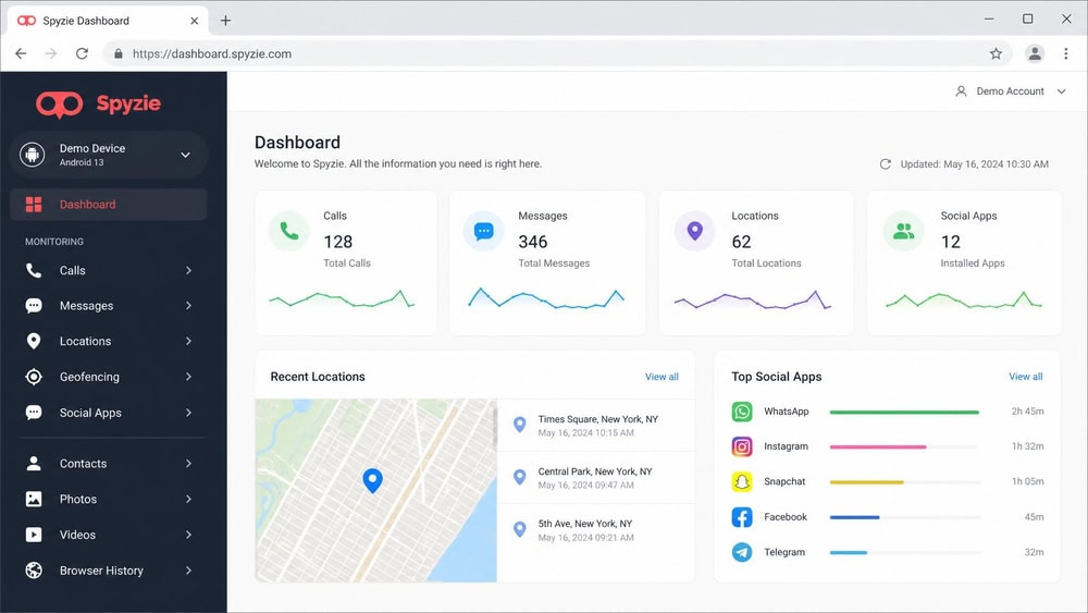 The Spyzie dashboard sidebar in a browser listing monitoring categories including Calls, Messages, Locations, Geofencing, and Social Apps.