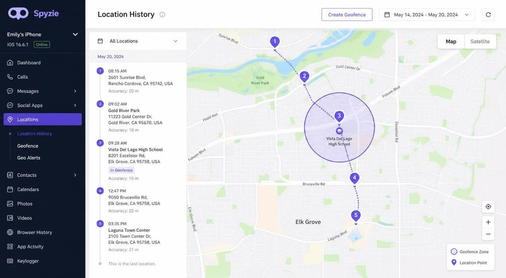 A map view inside the Spyzie dashboard showing a device's recent location pins and a circular geofence zone drawn around a school.