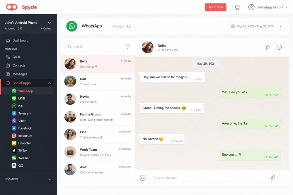 The Spyzie dashboard showing a captured WhatsApp chat thread and a list of monitored messaging apps in the sidebar.