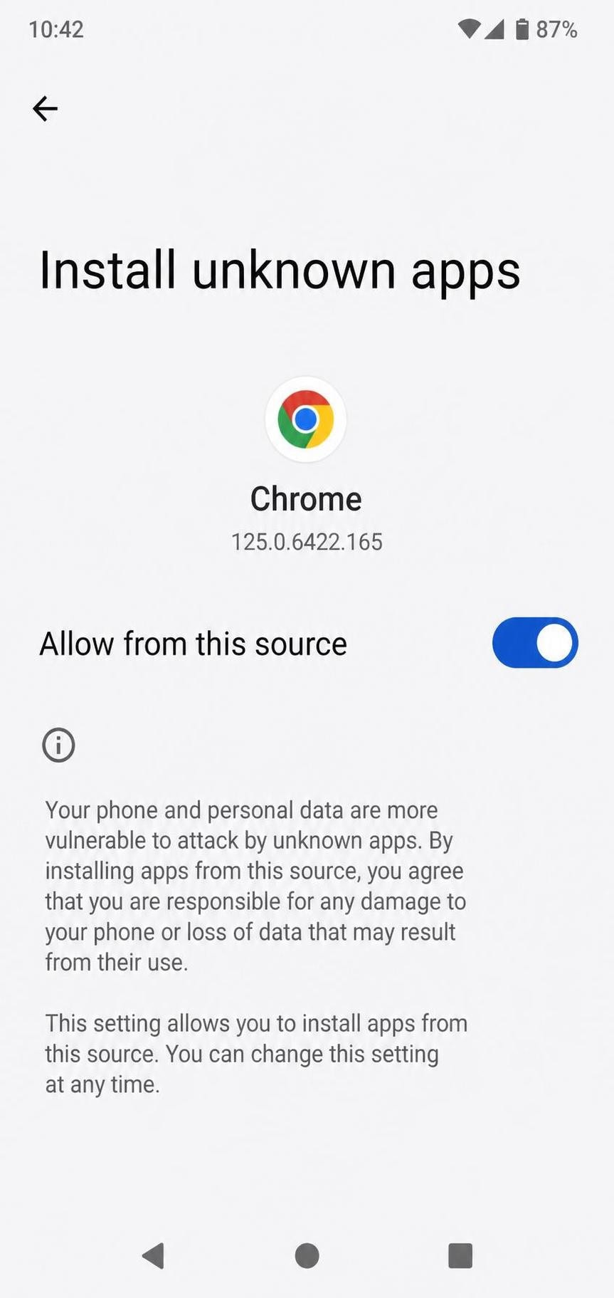 An Android security settings page with the "Install unknown apps" permission toggled on for a browser, a step required before sideloading the Spyzie app.