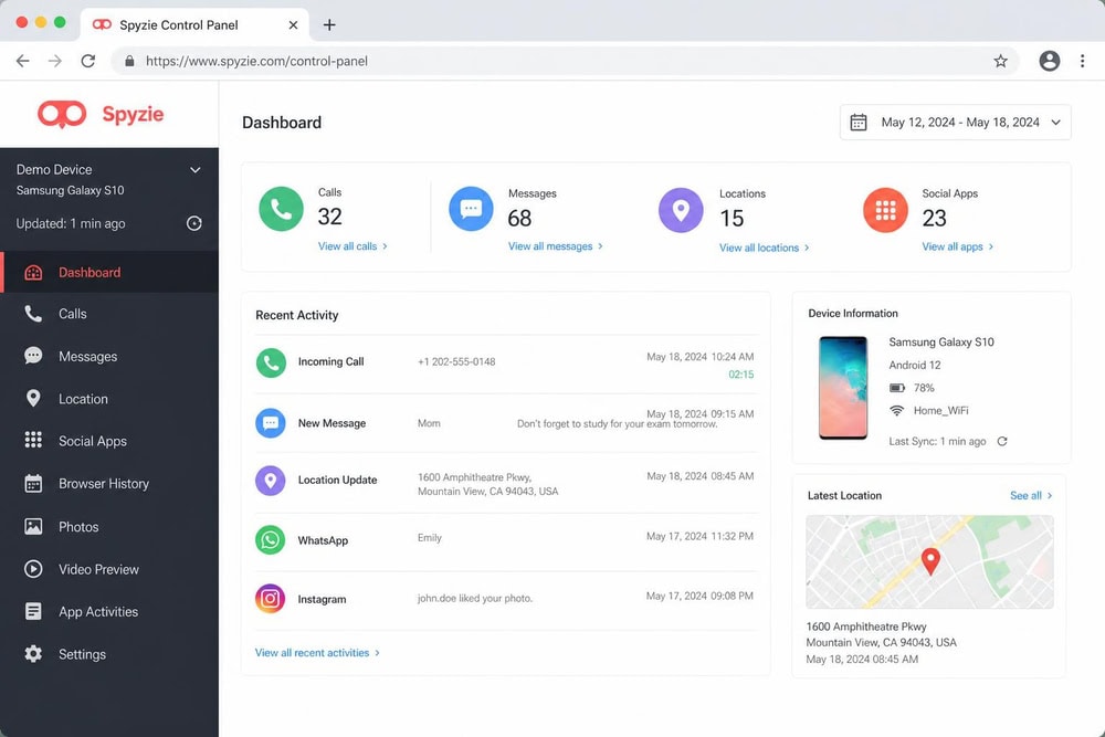 The Spyzie web control panel viewed in a browser, showing a left-hand feature menu with Calls, Messages, Location, and Social Apps next to a summary of recent activity.