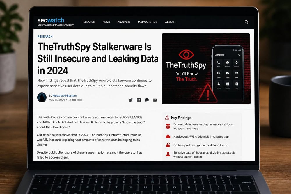 Security research article headline on a laptop screen reporting that TheTruthSpy stalkerware is still insecure and leaking data in 2024.