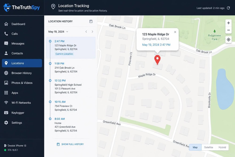 TheTruthSpy location-tracking screen showing a map pin on a suburban street with a timestamped location history sidebar.