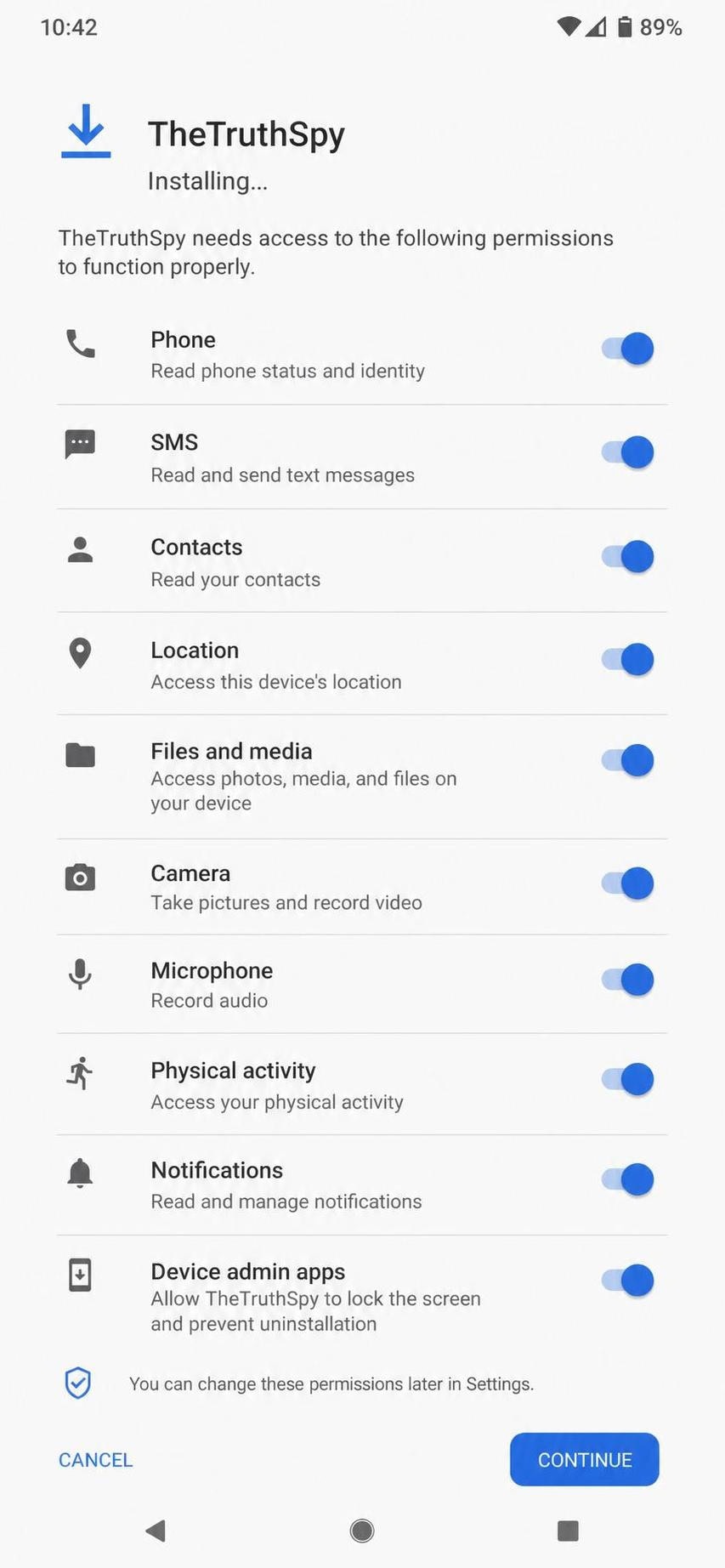 Android setup screen during TheTruthSpy installation showing a list of requested permissions with toggle switches being enabled.