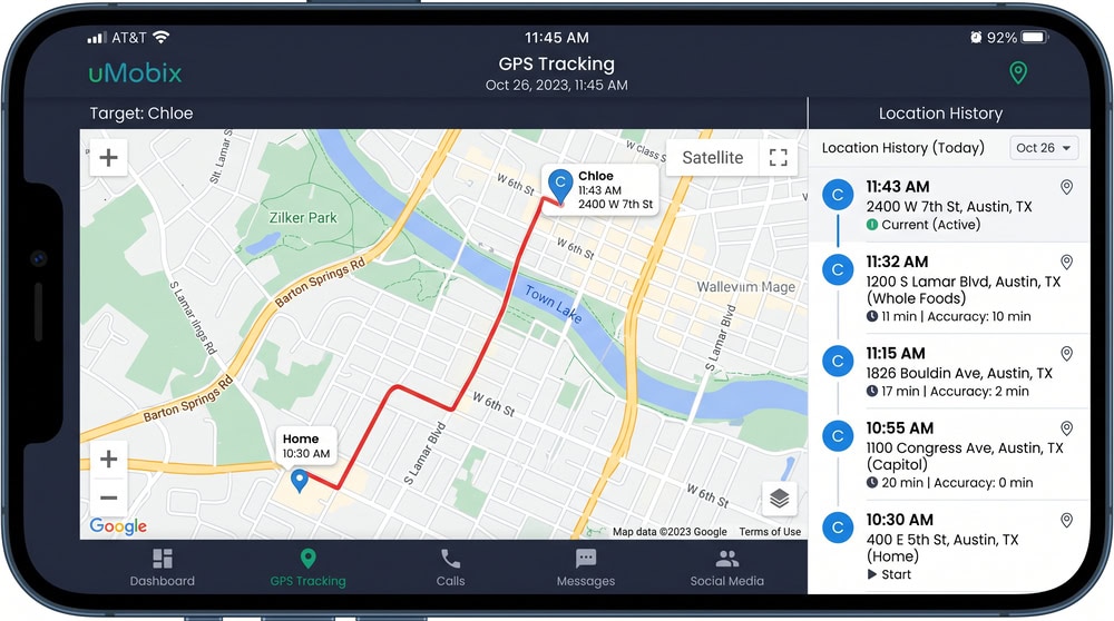 uMobix GPS tracking screen showing a map with a route of location pins and a timestamped location history list down the right side.