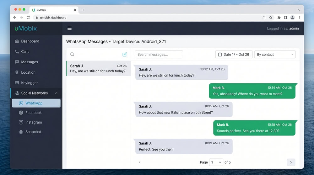 uMobix social media panel showing a captured WhatsApp conversation thread with sender names, message text, and timestamps from a monitored Android phone.