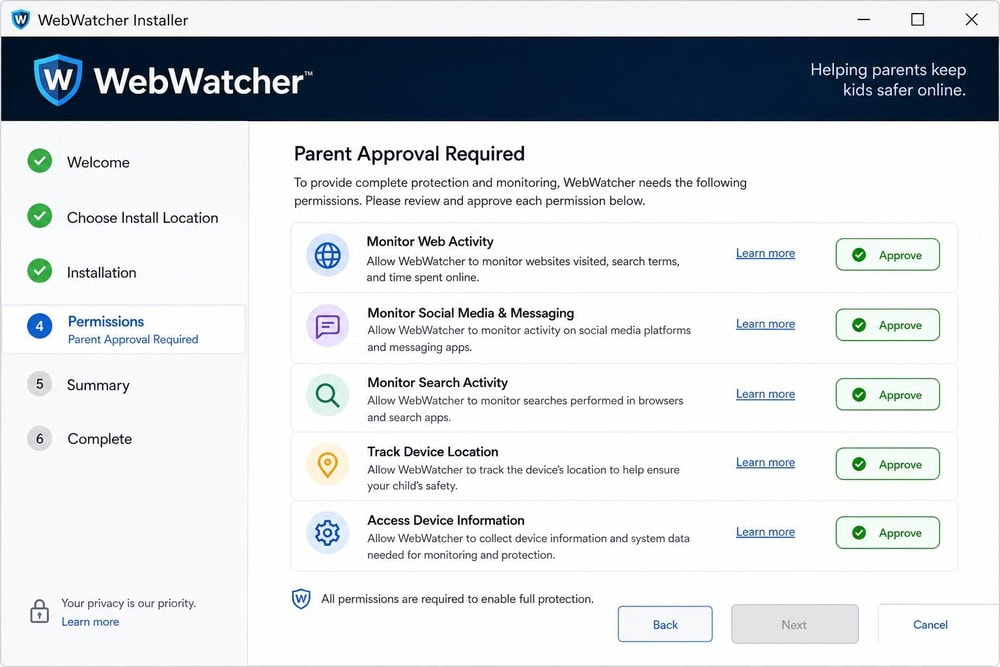 Android phone screen during WebWatcher installation showing the permission prompts a parent must approve to enable monitoring.