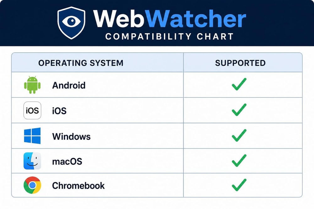 WebWatcher compatibility chart showing supported operating systems Android, iOS, Windows, macOS, and Chromebook with checkmarks across all five.