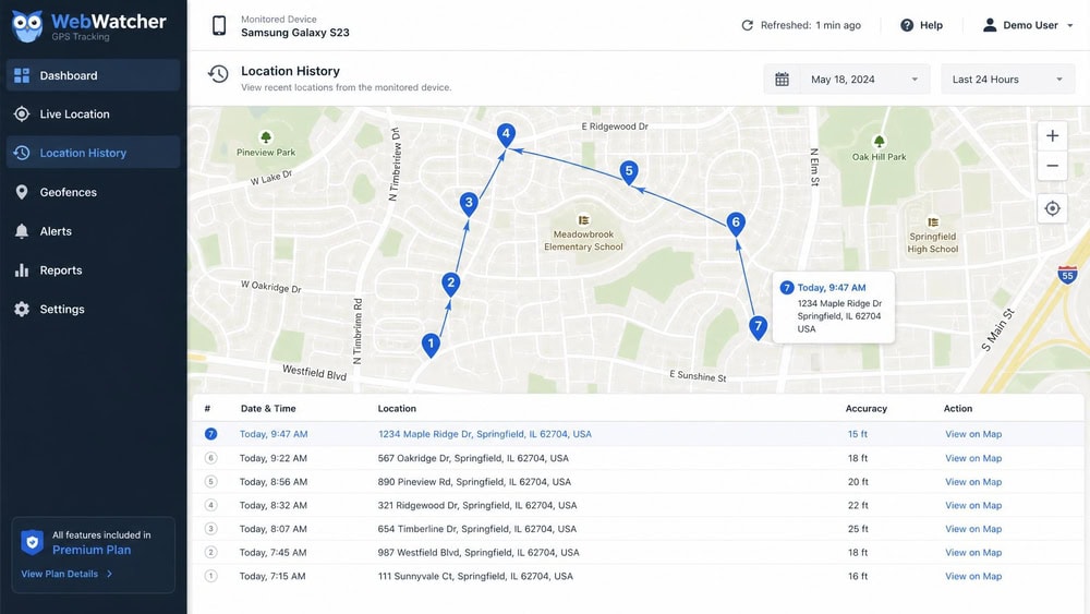 WebWatcher GPS tracking screen showing a map with location pins marking a monitored phone's recent movements across a suburban neighborhood.