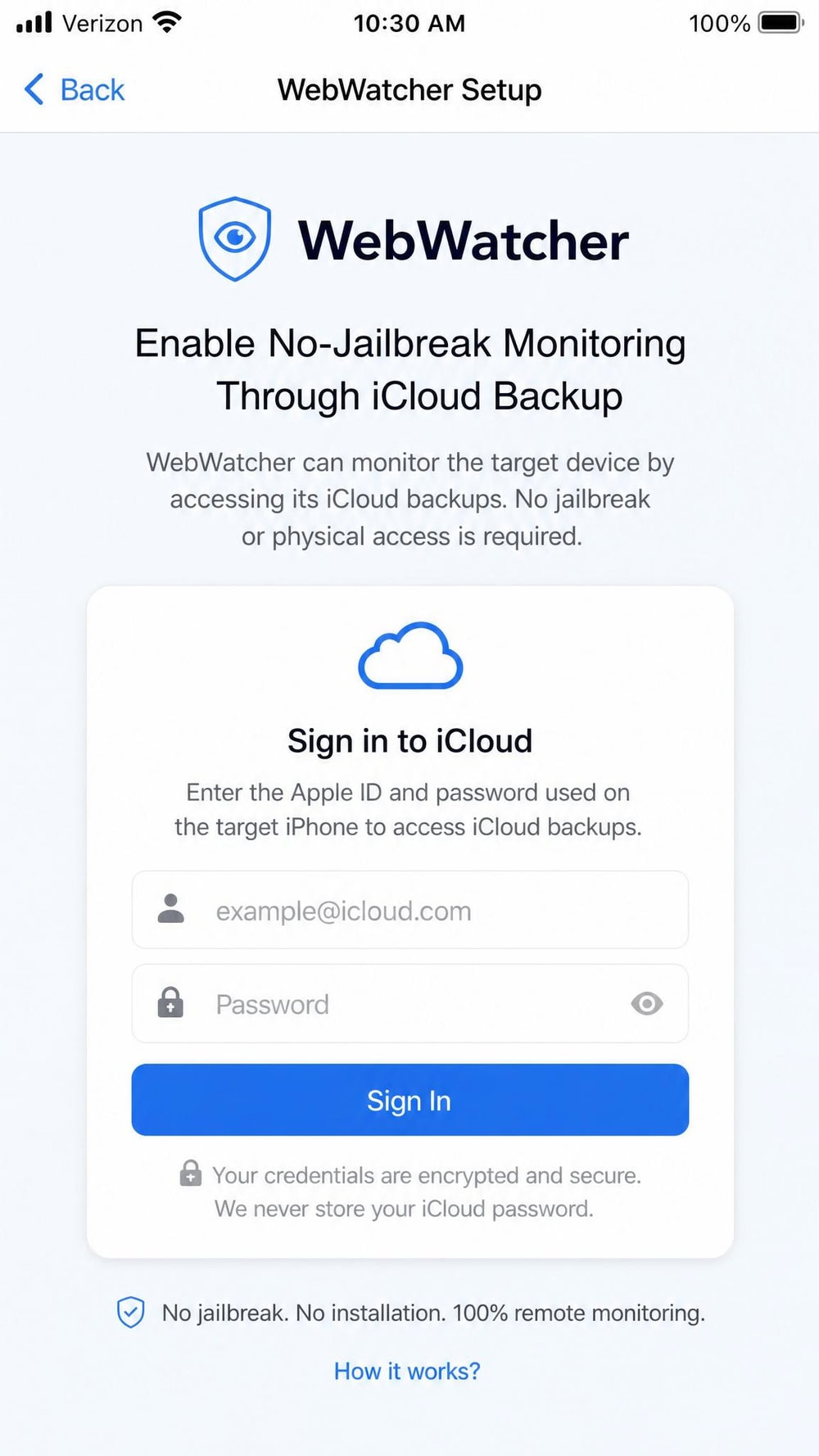 WebWatcher iPhone setup screen prompting for Apple ID and iCloud credentials to enable no-jailbreak monitoring through iCloud backup.