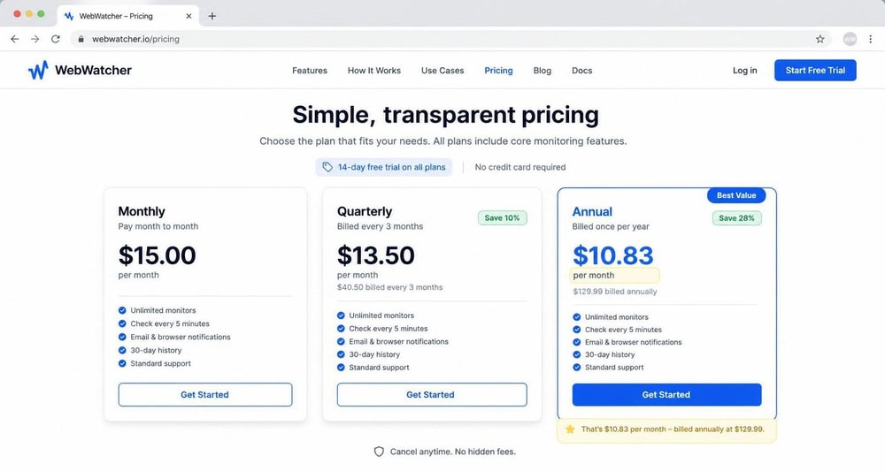 WebWatcher pricing page in a browser showing the monthly, quarterly, and annual plan tiers with the $10.83 per month annual rate highlighted.