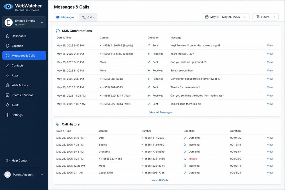 WebWatcher message log on the parent dashboard listing timestamped SMS conversations and a call history table with contact numbers and call durations.