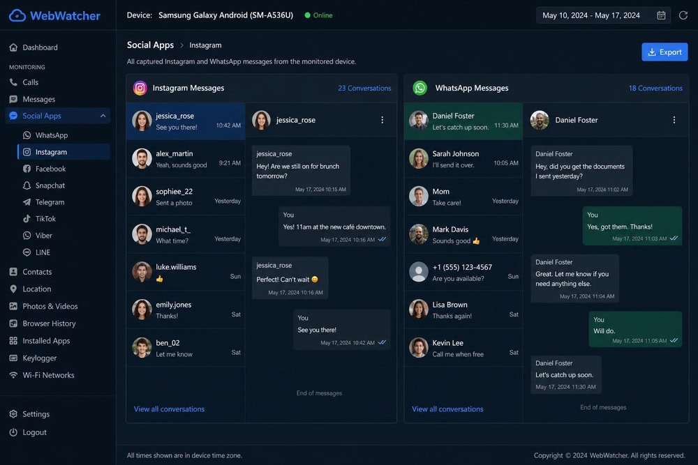 WebWatcher dashboard showing captured Instagram and WhatsApp chat threads from a monitored Android phone, with sender names and message timestamps listed.