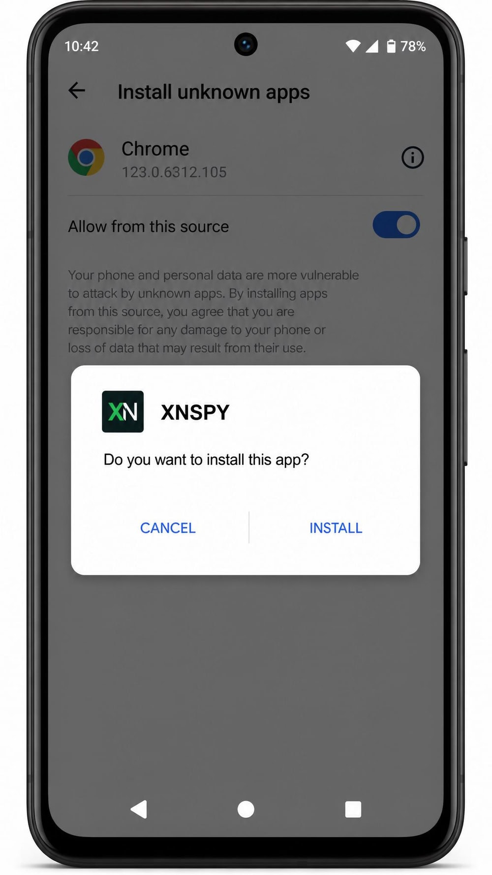 Android phone screen showing the XNSPY install prompt with the unknown-sources permission toggle enabled in Settings.