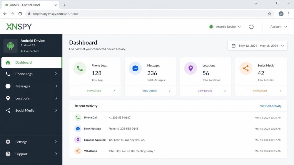 XNSPY online control panel home screen in a browser, with a left-hand menu listing Phone Logs, Messages, Locations, and Social Media for a connected Android device.