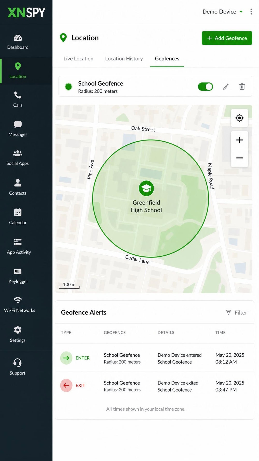 XNSPY location map with a circular geofence drawn around a school and an alert log showing enter and exit notifications with timestamps.