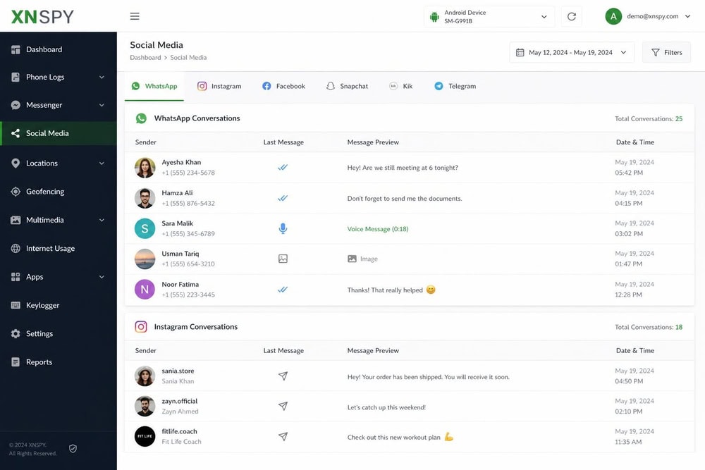 XNSPY Social Media panel listing captured WhatsApp and Instagram conversations with sender names and message previews for a monitored phone.