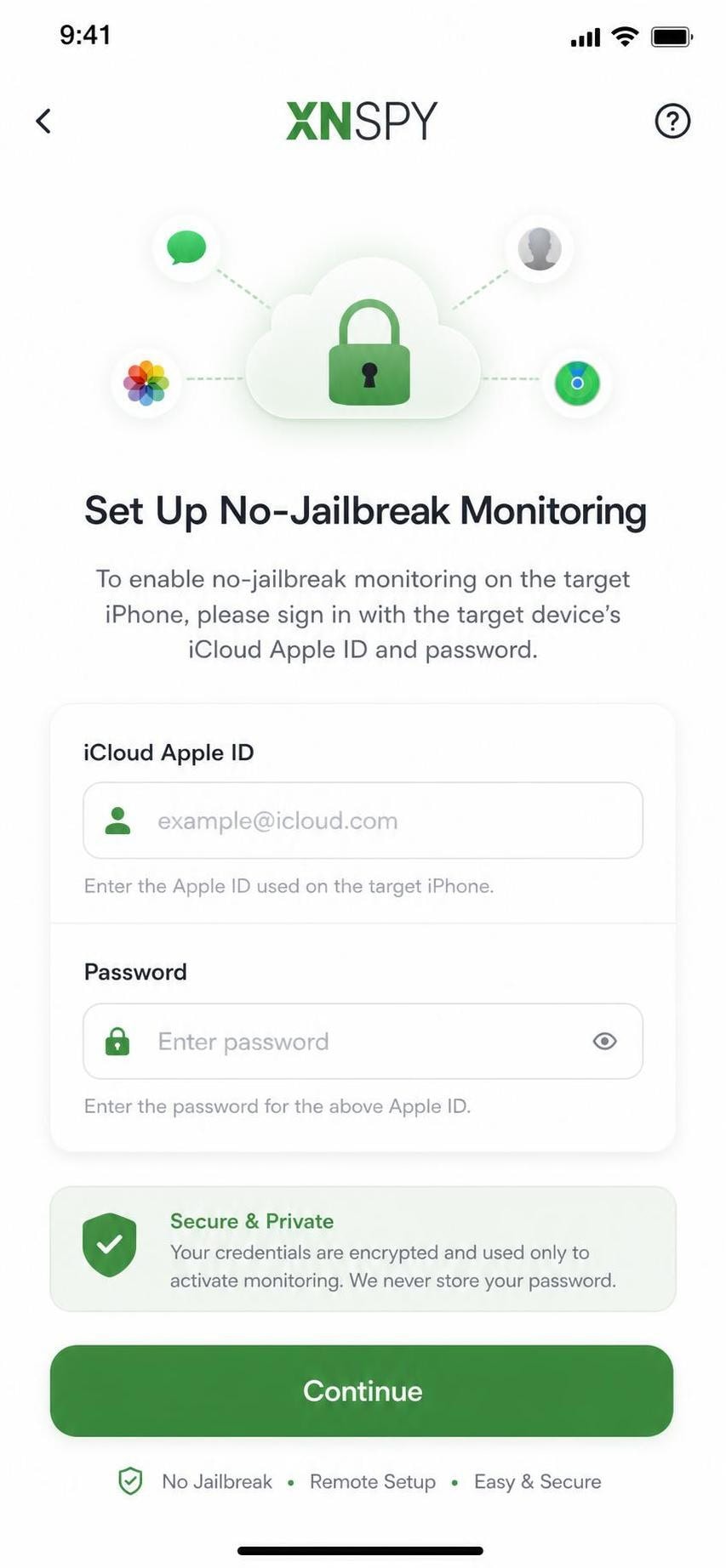 XNSPY iOS setup screen prompting for the target iPhone's iCloud Apple ID and password to enable no-jailbreak monitoring.