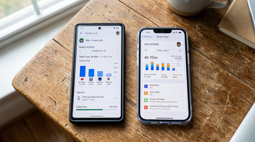 Two smartphones side by side, one Android showing the Google Family Link app open and one iPhone showing the Screen Time settings screen, both displaying a child's daily activity summary.