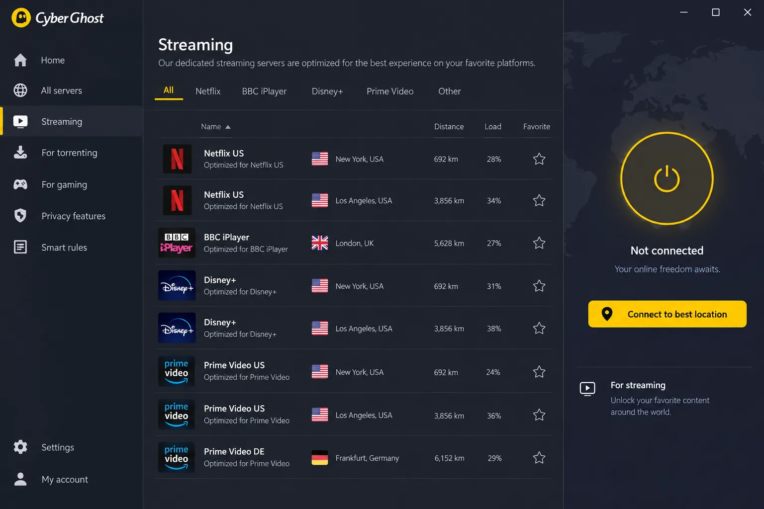 CyberGhost's Windows app showing its streaming servers tab, with servers labelled for Netflix US, BBC iPlayer, Disney+ and Prime Video.