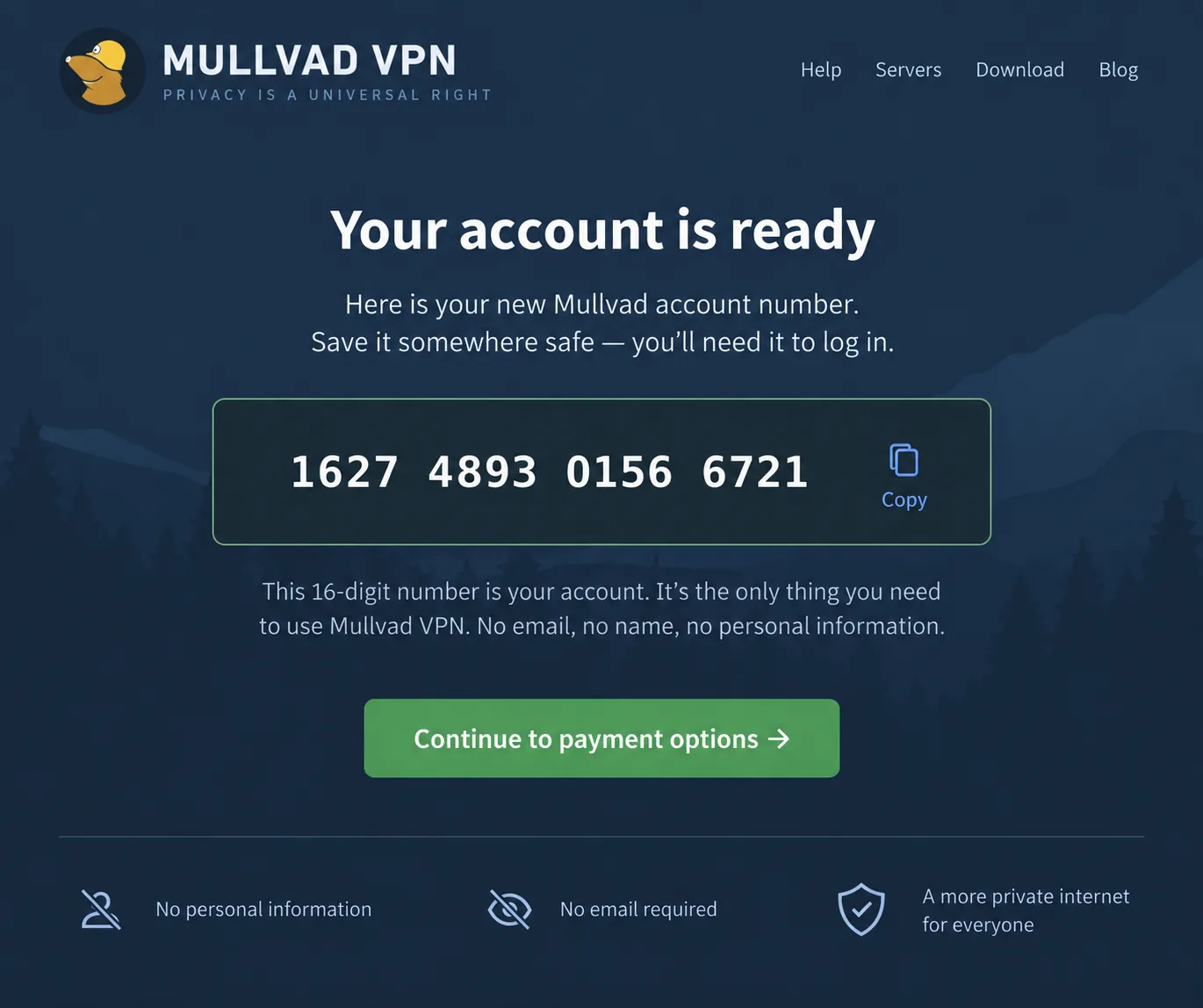 Mullvad VPN's account creation screen displaying a newly generated 16-digit account number, with no email or name field anywhere on the page.