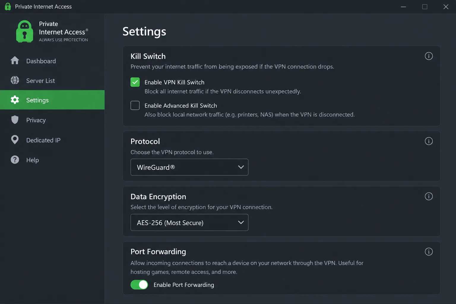 Private Internet Access's Windows app settings panel showing the kill switch options, protocol selector, encryption setting and the port forwarding toggle.