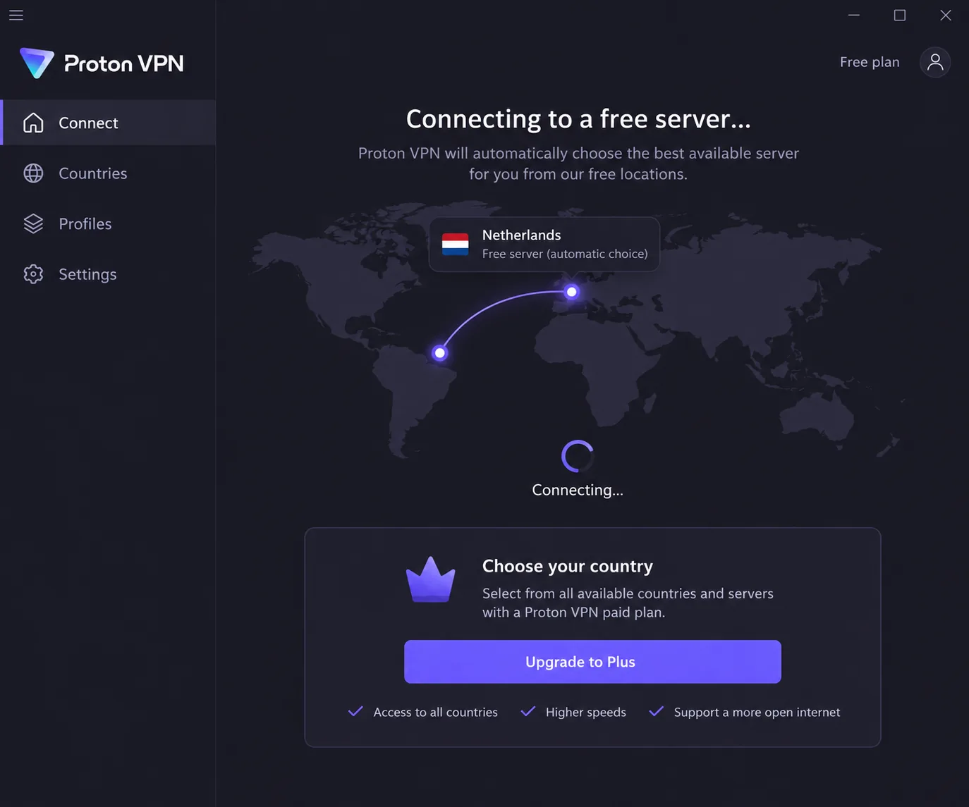 Proton VPN's free plan connect screen showing the automatically chosen free server and the upgrade prompt for choosing a specific country.