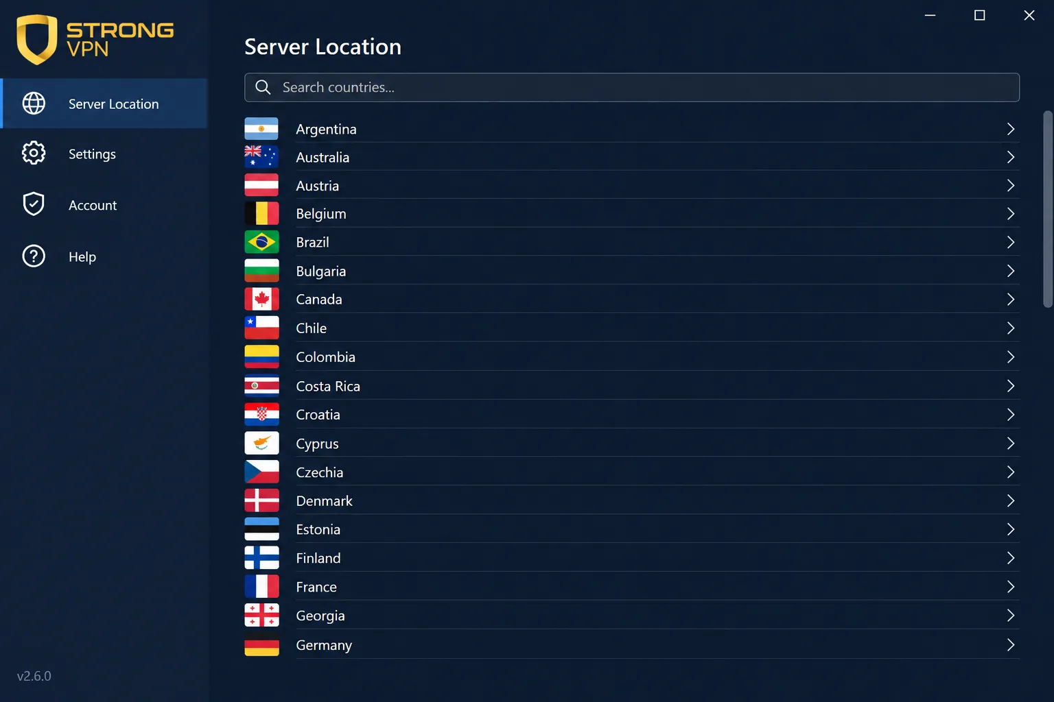 StrongVPN's Windows app showing its server location list with country names and no ping or server load figures next to any entry.