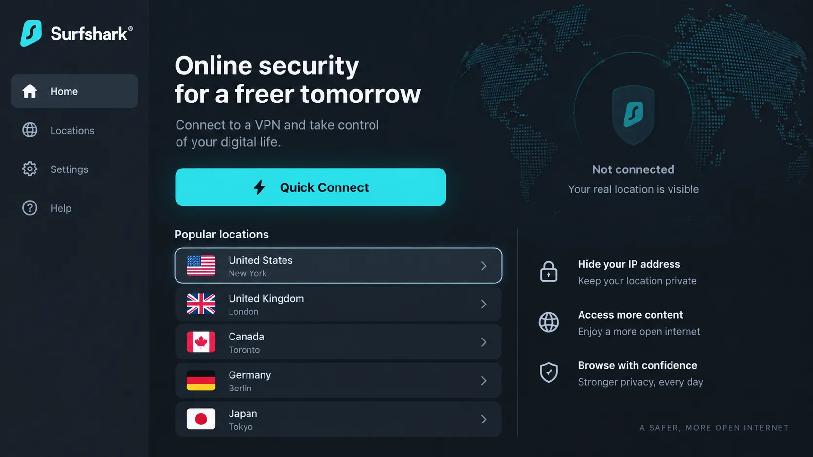 Surfshark's Android TV app home screen with the Quick Connect button and a list of server locations navigable with a TV remote.