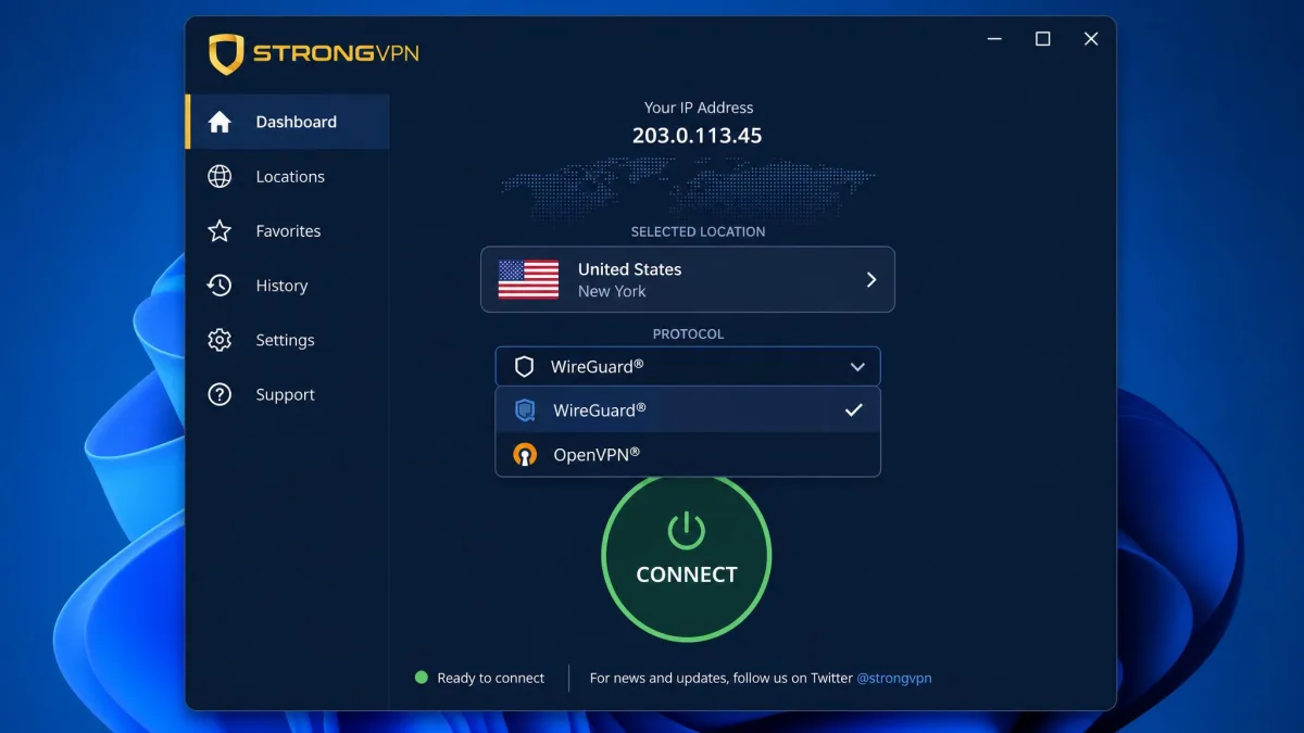 StrongVPN Windows desktop app showing the main connect screen with a large connect button, the selected server location, and the protocol dropdown open to WireGuard and OpenVPN options.