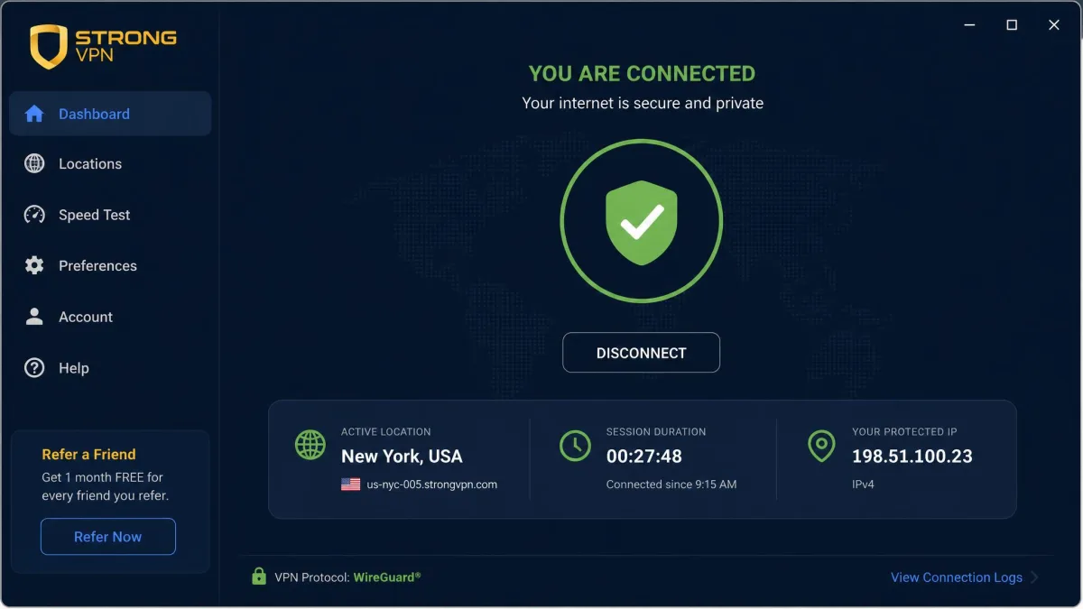 StrongVPN app showing a successful connected status with a green indicator, the active server location, session duration, and the current protected IP address.