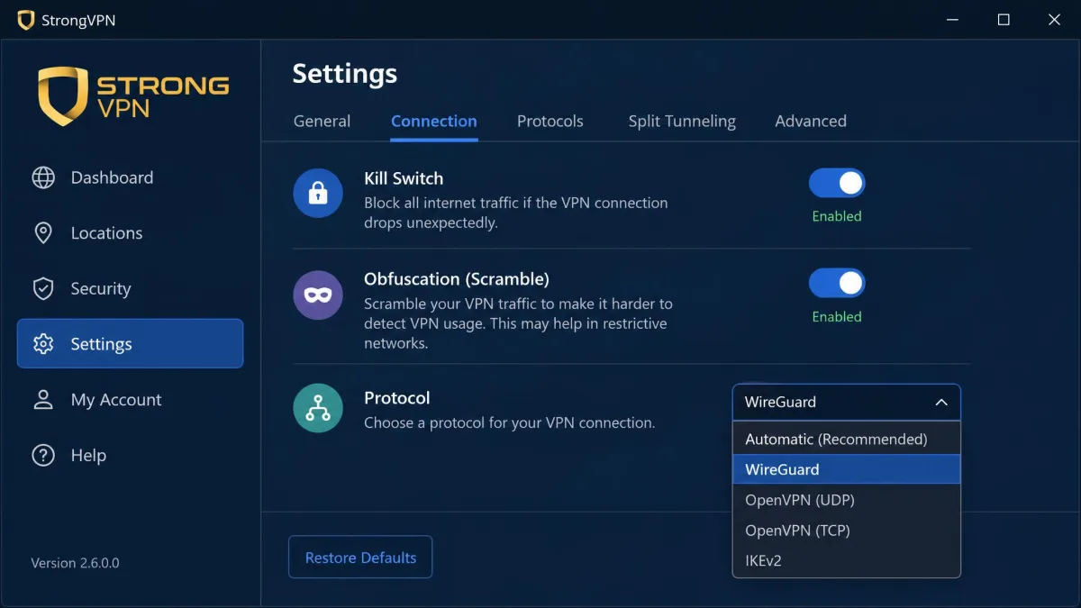 StrongVPN Windows app settings panel showing the kill switch toggle enabled, the Scramble obfuscation option, and the protocol selection menu with WireGuard highlighted.