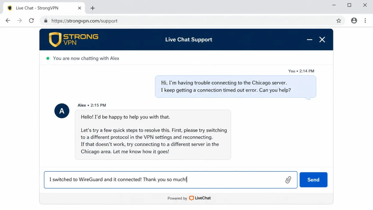 StrongVPN live chat support window open in a browser with a customer question typed in the input box and a support agent response appearing in the conversation thread.