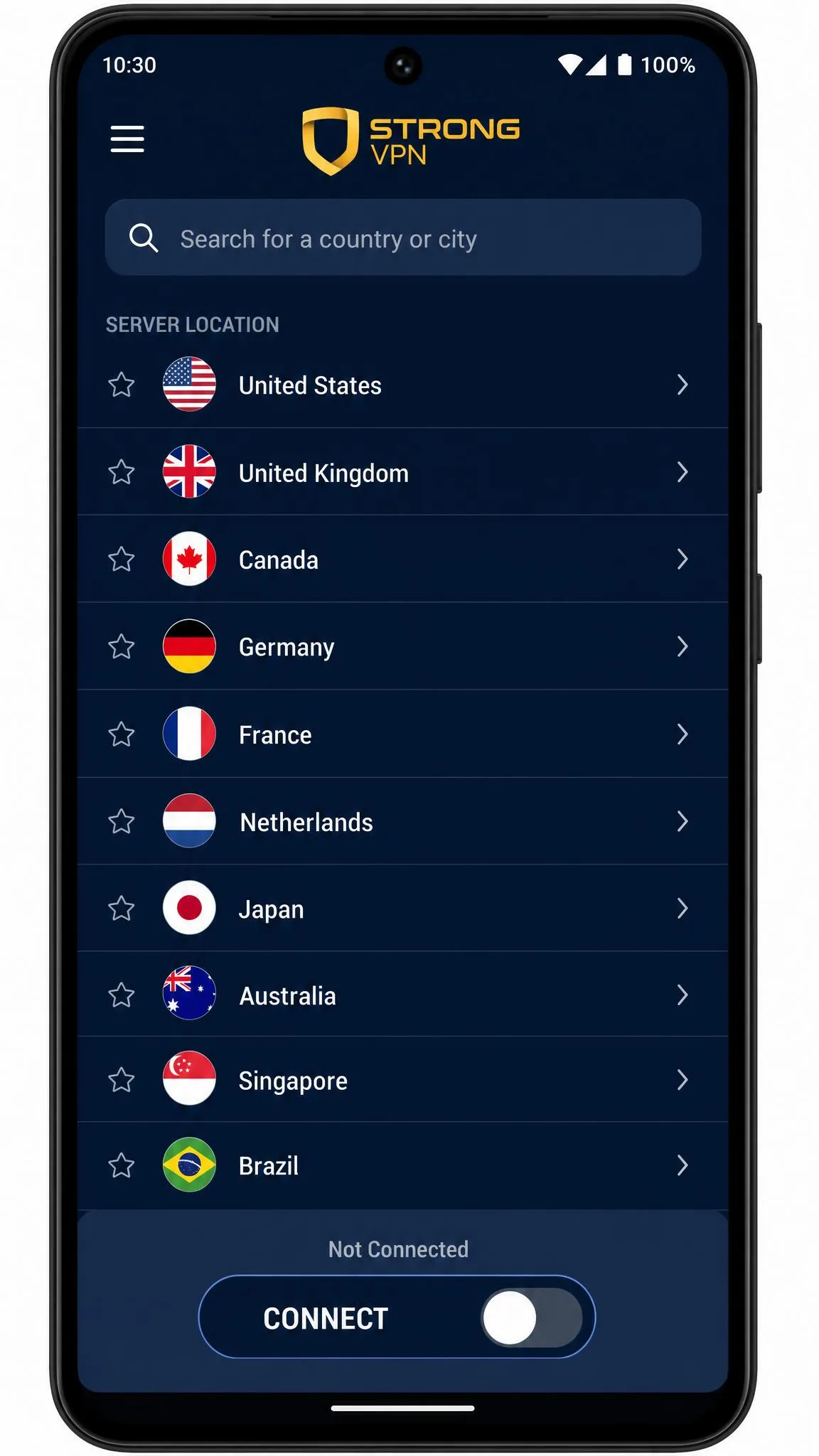 StrongVPN Android app showing the server location list with a search bar at the top and country entries with flag icons, and the connect toggle at the bottom of the screen.