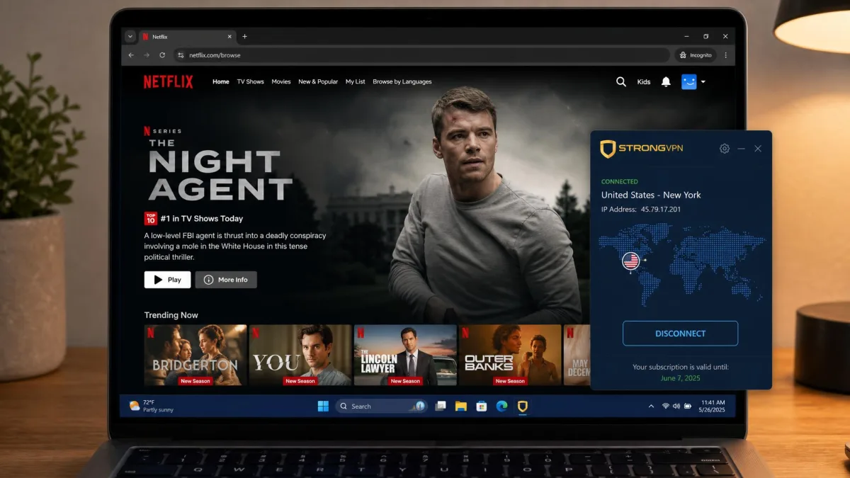 A laptop screen showing the Netflix US home page loading successfully while connected to a StrongVPN US server, with the VPN app visible in a corner showing the active connection.