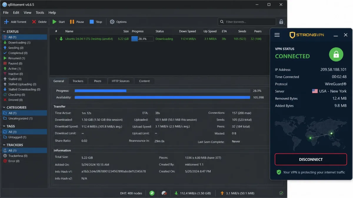 A torrent client window showing an active download running over 100 Mbps while connected to StrongVPN, with the VPN status indicator confirming the tunnel is active.