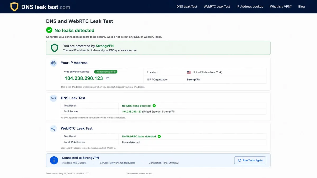 Browser-based DNS and WebRTC leak test results page showing no leaks detected while connected to StrongVPN, with the VPN server IP address displayed instead of the real one.