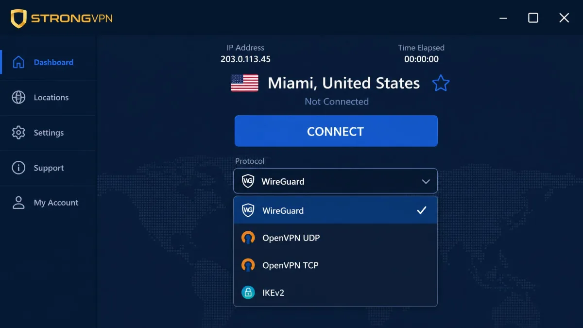 StrongVPN app protocol menu open with WireGuard selected, showing the list of available protocols including OpenVPN UDP, OpenVPN TCP, and IKEv2 beneath it.