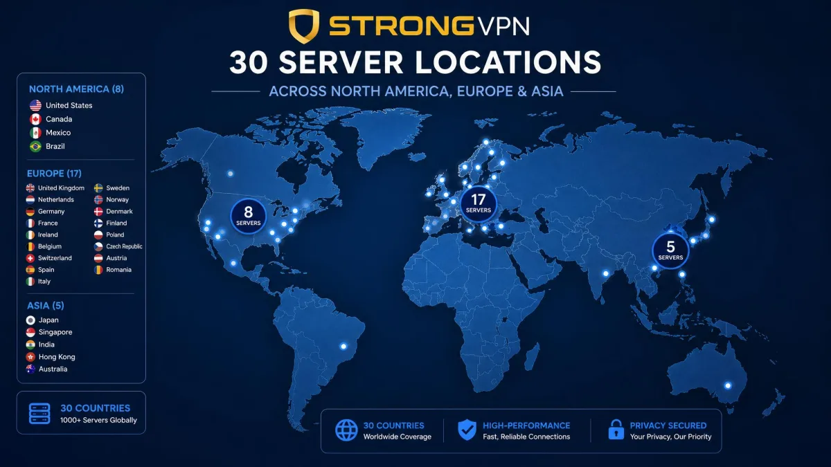 StrongVPN server location map highlighting the 30 countries it covers across North America, Europe, and Asia, with clustered server markers on the major regions.