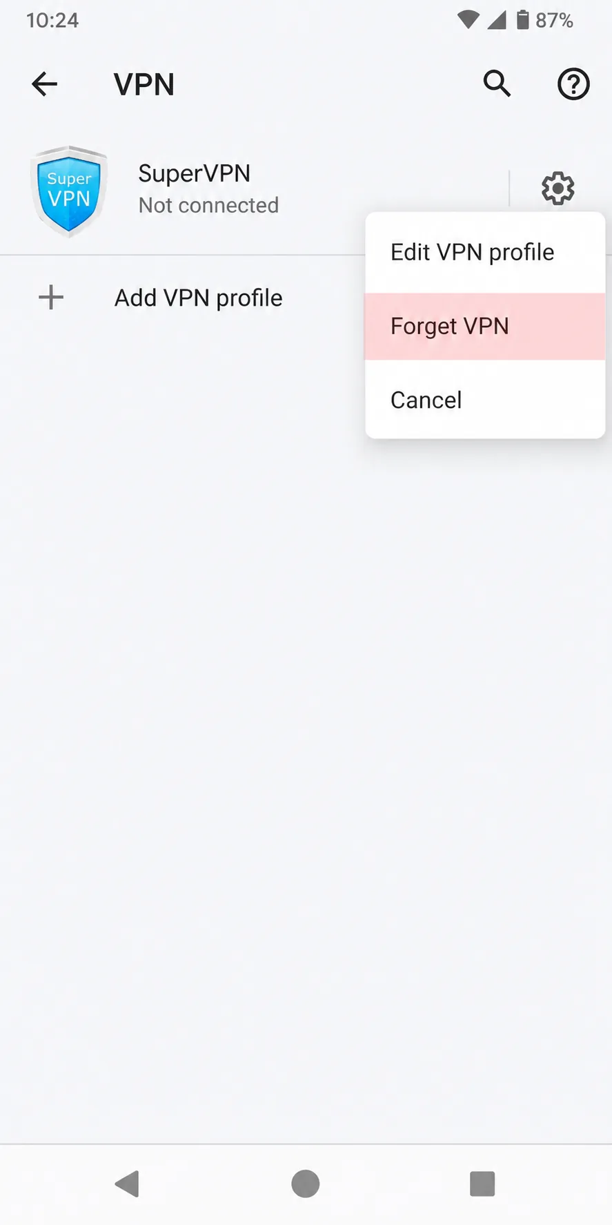 Android's VPN settings screen showing a SuperVPN profile with the gear menu open and the Forget VPN option highlighted.