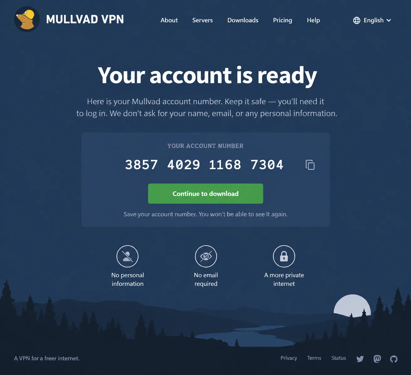 Mullvad VPN's sign-up page displaying a freshly generated 16-digit account number with no email or name fields on the form.